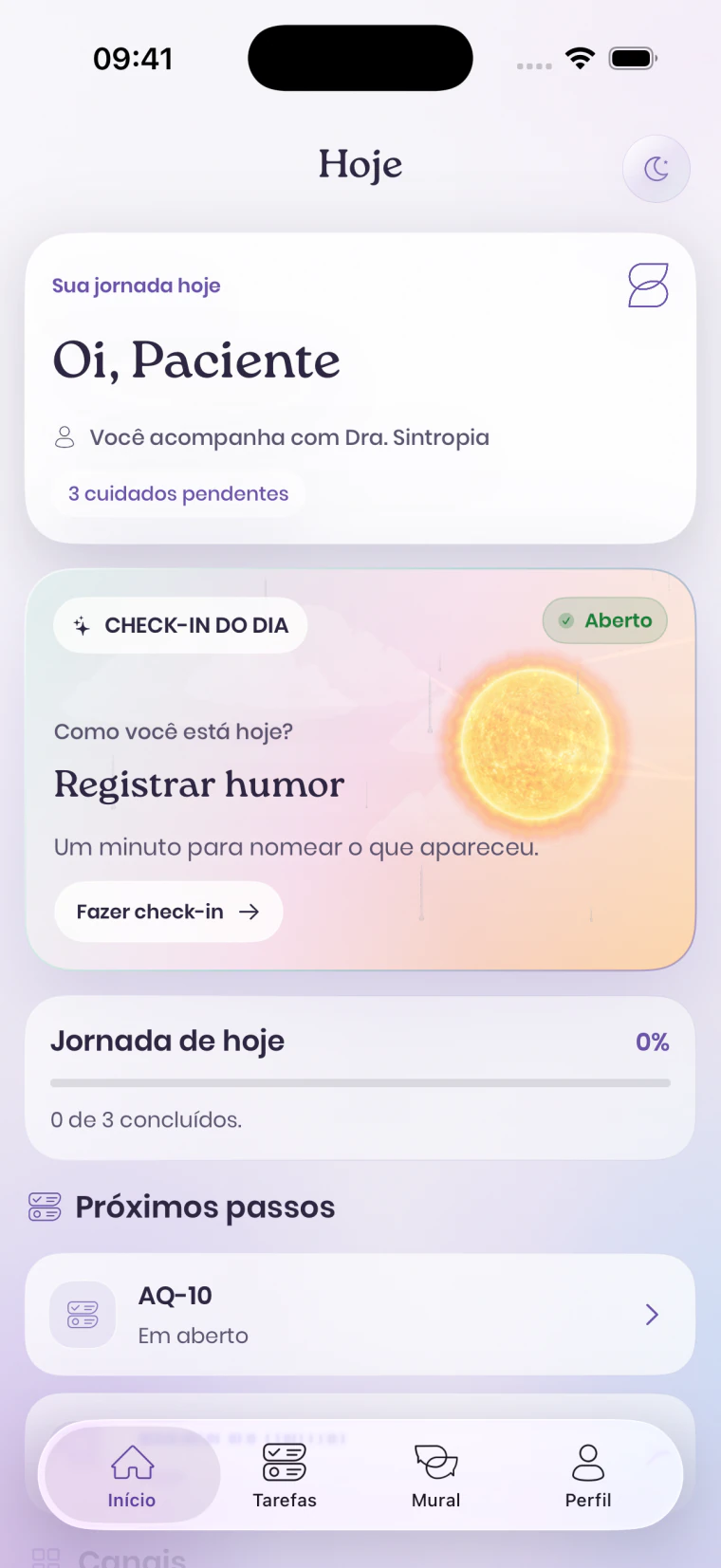 Tela de abertura do aplicativo Sintropia Paciente