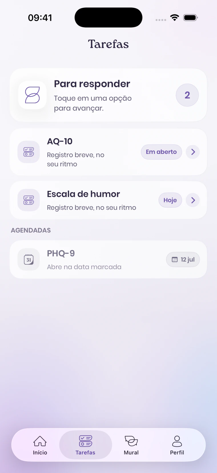 Tela Tarefas do Sintropia Paciente com escalas para responder e agendadas