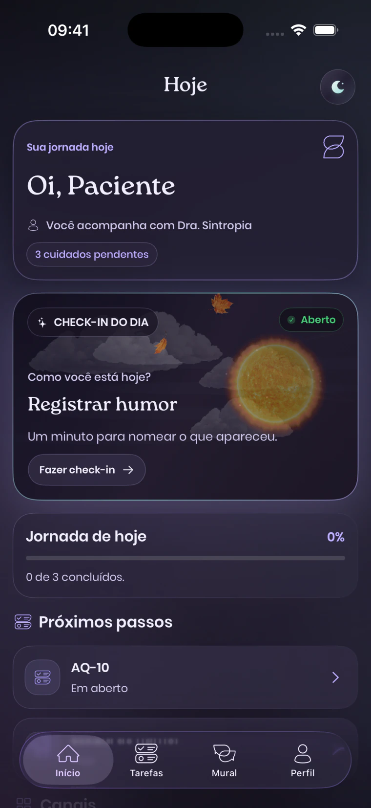 Tela Hoje do Sintropia Paciente em modo escuro