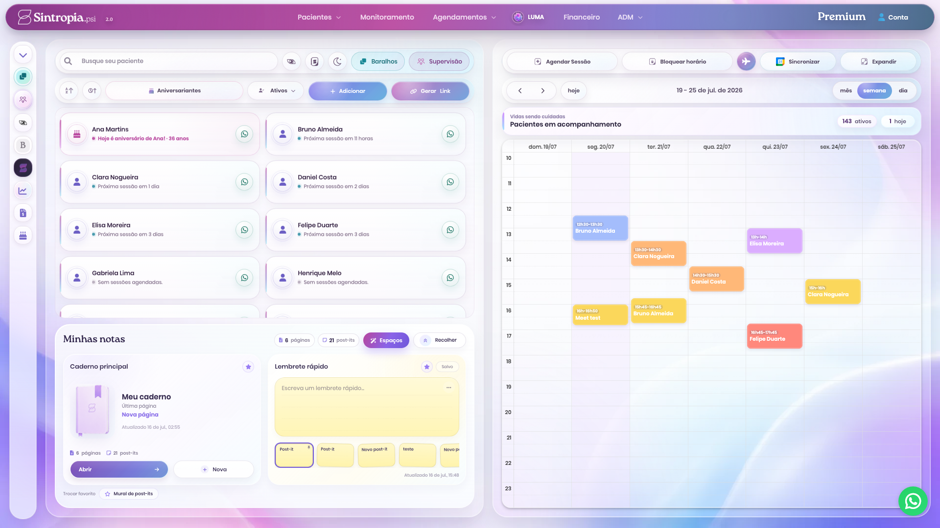 Tela real da Sintropia 2.0 na conta de teste 2, com nomes fictícios e cores originais dos eventos